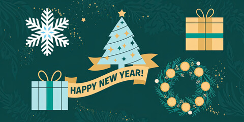 Festive New Year s Design Gifts Tree Wreath Snowflake