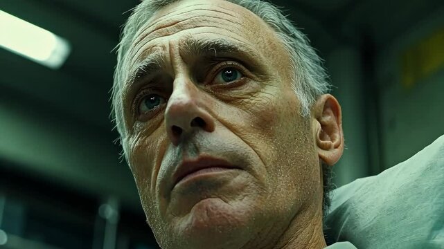 Portrait of a contemplative older man in a dimly lit setting reflecting on life experiences