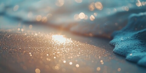 A beach with a body of water and a sun shining on the sand