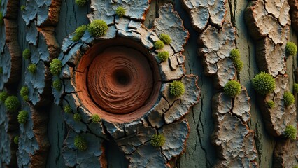 Detailed Tree Bark Texture, Dark Brown Knots, Green Moss