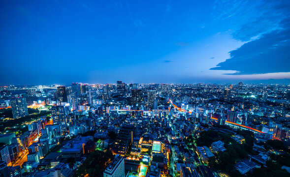 city skyline aerial night view in Tokyo, Japan