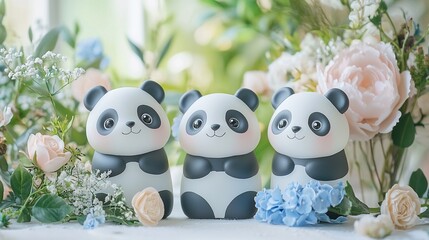 Obraz premium Three adorable panda figurines amidst blooming flowers.