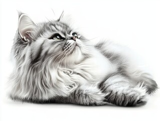 A fluffy gray cat lounging gracefully, showcasing its soft fur and serene expression.
