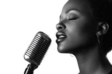 A captivating portrait of a woman singing into a vintage microphone, showcasing emotion and artistry in black and white.