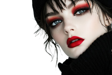 Fototapeta premium A captivating portrait of a young woman with bold makeup, showcasing vibrant red lips and striking eye makeup.