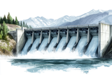 A dam releasing water against a backdrop of mountains and trees, showcasing nature's harmony with human infrastructure.