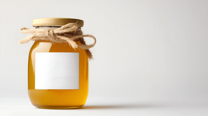 Glass jar of honey or jam with a blank label, isolated on a white background, copy space for text, mock up