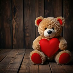 Obraz premium teddy bear with red heart on wooden background