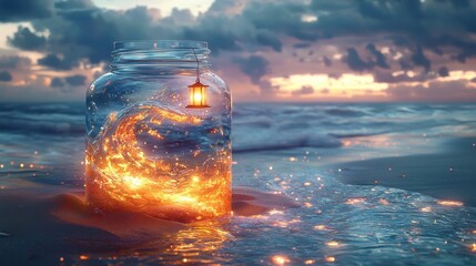 Ocean jar with swirling glowing water beachside digital art serene close-up fantasy concept for seo impact