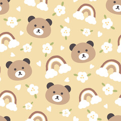 Cute teddy bear face with rainbow and flowers on a beige yellow pastel seamless pattern background.
