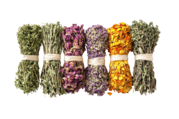 Bunches of dried herbs and flowers, organized in a colorful row, highlighting natural textures and vibrant colors.