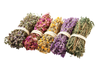 Bundles of dried herbs in various colors and textures on a white isolated background.