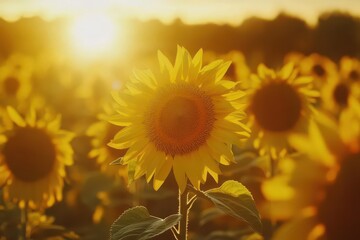 Obraz premium A vibrant sunflower in a field during sunset, showcasing nature's beauty and warmth.