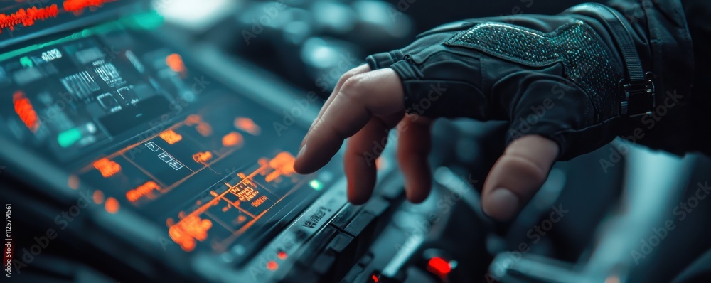 Poster futuristic cybernetic interaction high-tech control room digital interface display tech environment 