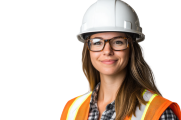 Confident woman in safety gear and glasses, smiling, standing against a white background.