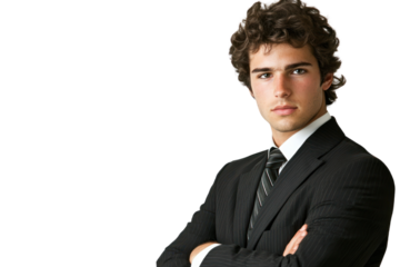Confident young businessman in a suit with arms crossed, isolated on a white background.