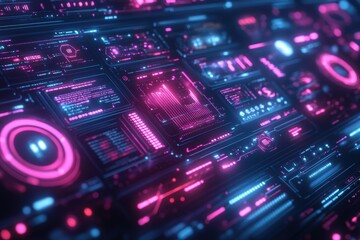 Fototapeta premium A futuristic digital interface with vibrant neon graphics and data displays.