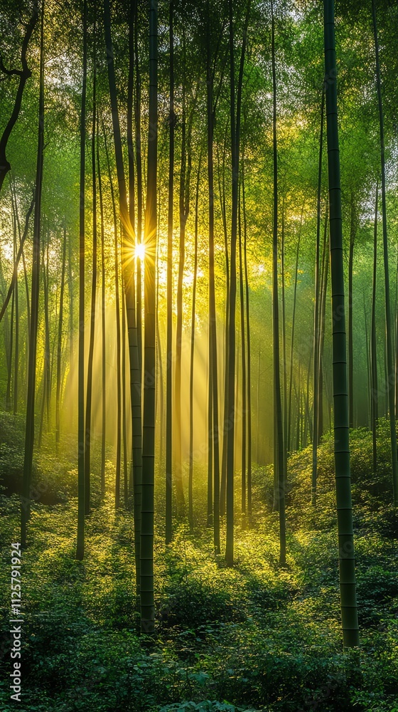 Wall mural a serene forest scene with sunlight filtering through tall trees, creating a tranquil atmosphere.