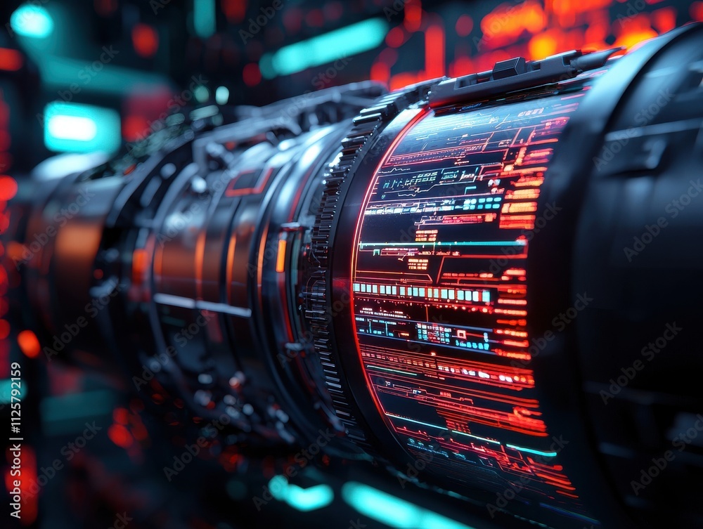 Poster exploring advanced technology concepts futuristic laboratory digital interface high-tech environment