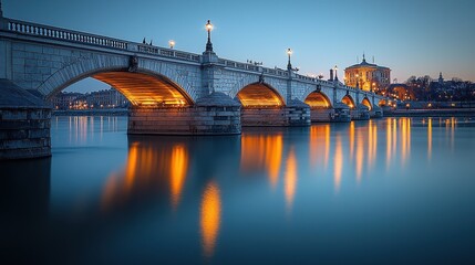 Long exposure of a glowing city bridge at dusk serene water reflections urban landscape minimalist perspective
