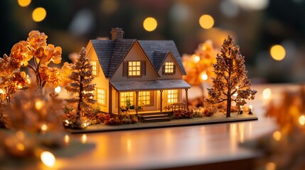 Illuminated miniature house model in autumnal setting.