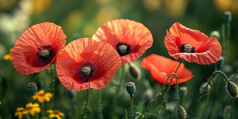 Obraz premium Bright red poppies blooming in green meadow, wildflowers in the field, summer landscape, Generative AI