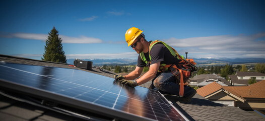 Solar power or solar panel installation and maintenance,.worker attaching or adjusting a solar panel on the roof.