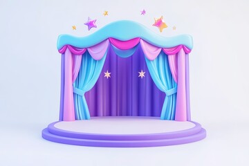A colorful stage with curtains and stars