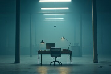 Fototapeta premium Emptiness and Solitude in a Foggy Office Space Featuring an Isolated Desk, Chair, and Soft Lighting that Creates an Atmosphere of Reflection and Contemplation