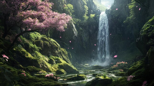 Enchanted Waterfall in a Lush, Mossy Gorge