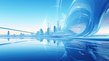 Vibrant Cyberacademia: Blue-Green Swirls Over Cityscape