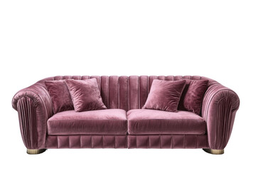 Obraz premium Elegant pink velvet sofa with plush cushions, perfect for stylish interiors and modern living spaces.