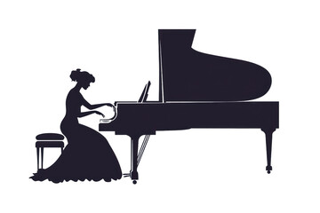 Elegant silhouette of a woman in a gown playing a grand piano.