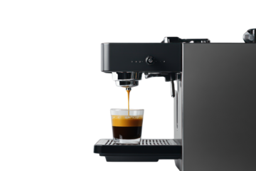 Espresso machine brewing a fresh coffee shot into a glass cup on a sleek countertop.