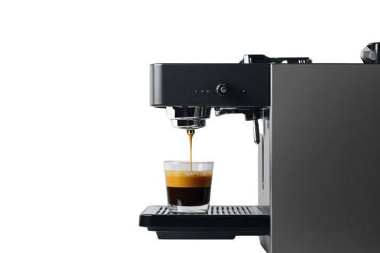 Espresso machine brewing a fresh coffee shot into a glass cup on a sleek countertop.
