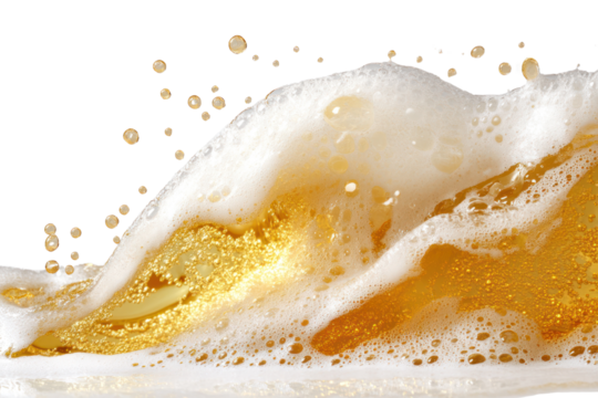 Foamy beer wave with bubbles against a transparent background, perfect for beverage-related themes.
