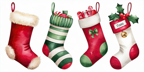 Festive Christmas Stockings Watercolor Illustration Red Green Candy Gifts Holly