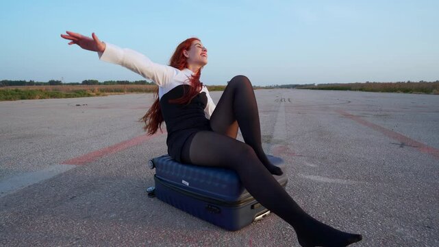 Chica viajera so&ntilde;ando despierta que ya esta volando en el avi&oacute;n hacia su destino y muy contenta canta una canci&oacute;n.