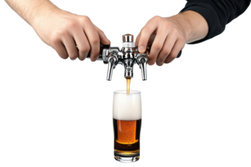 Hands pouring beer from a tap into a glass with frothy head, on a white isolated background.
