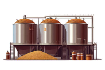 Illustration of large metal storage silos filled with grains, isolated on a white background.