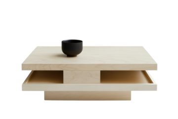 Minimalist wooden coffee table with a black cup for a contemporary living space.
