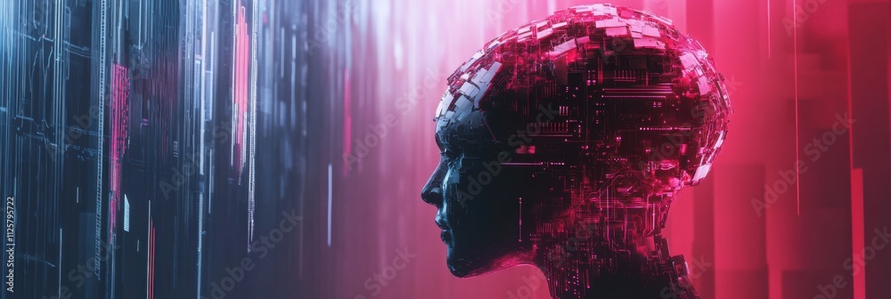 Aufkleber a digital brain integrates with ai components, showcasing circuits, chips, and holographic projectio