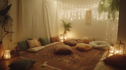 Cozy and Inviting Relaxation Space with Soft Cushions, Warm Lighting, and Bohemian Decor Ideal for Meditation, Yoga, or Comfortable Gatherings