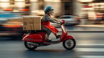 Fototapeta premium Cat courier on a red scooter delivering a package.