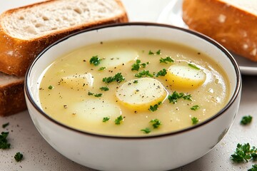 Rustic organic potato leek soup farmhouse kitchen food natural light comforting concept