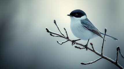 Lone bird perched on branch winter landscape minimalist calm environment close-up view serenity concept