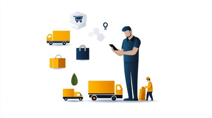 Digital transformation in logistics with delivery trucks, shopping carts, and workers illustrating the modern e-commerce environment and supply chain efficiency
