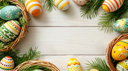 Top view of an empty wooden table, surrounded by few easter element items, creating a minimal Easter atmosphere