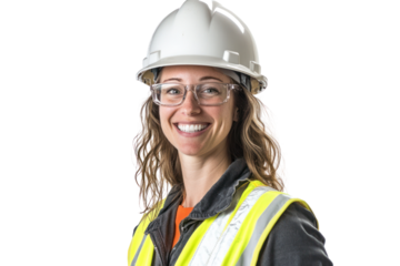 Smiling female construction worker wearing a hard hat and safety vest, ready for work on a construction site.