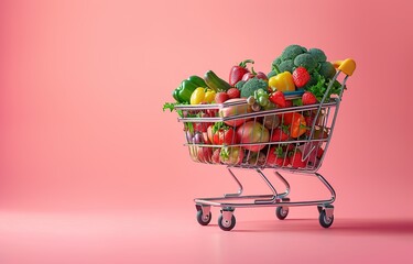 shopping basket filled with fresh fruits and vegetables, Shopping basket full of food on pink wall background. Grocery and food store concept